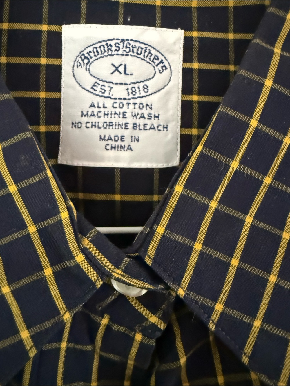 Brooks Brothers Navy and Yellow Windowpane Cotton Shirt